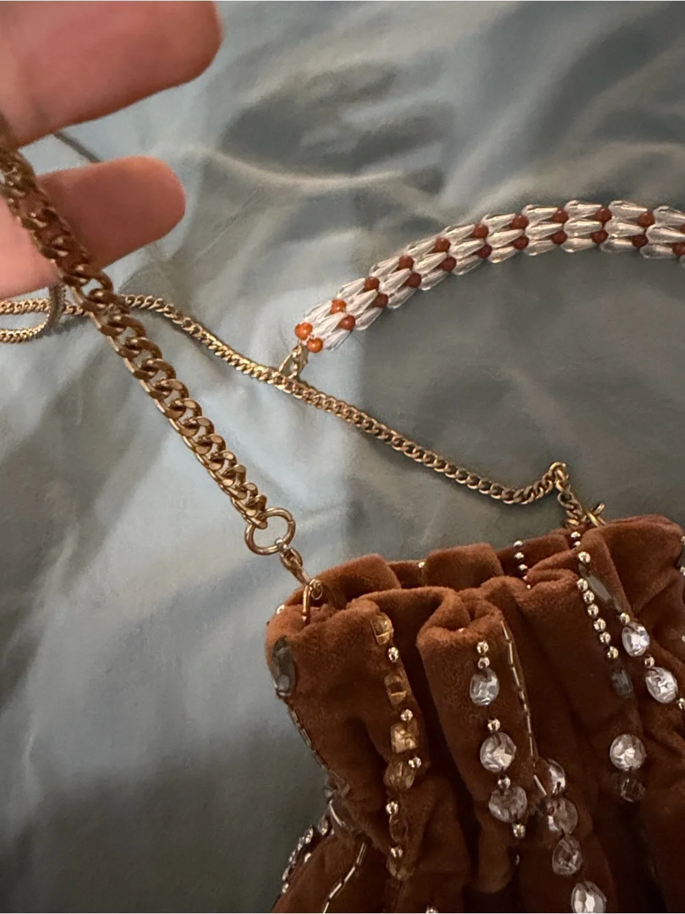 Embellished Brown Velvet Drawstring Bag with Gold Chain, Attachable Top Handle